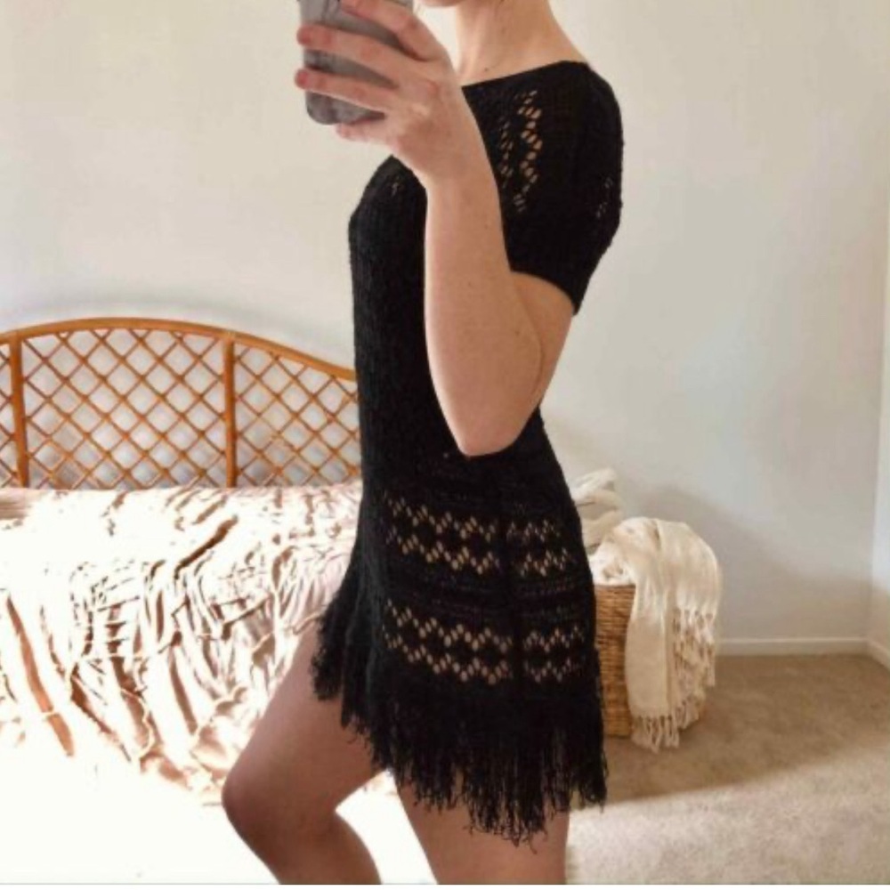 BCBGMaxAzria Black Crochet Fringe Mini Dress